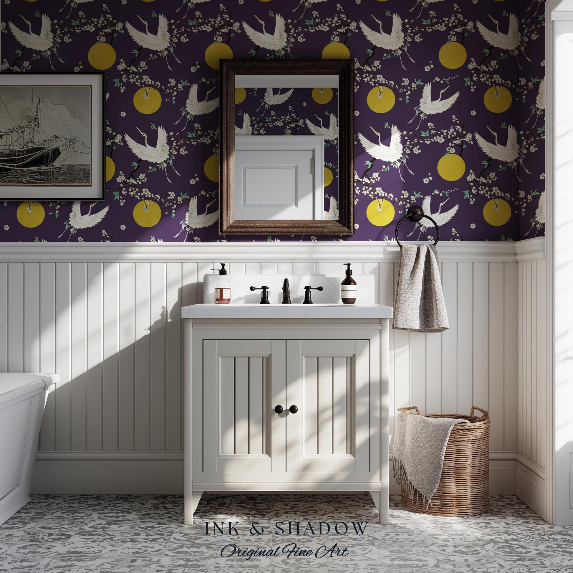 Crane and Golden Sun Statement Wallpaper | High Contrast Bold Home Decor Deep Plum Luxury Peel & Stick Japanese Inspired Eclectic Design