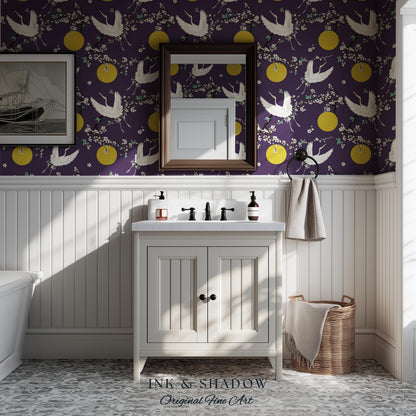 Crane and Golden Sun Statement Wallpaper | High Contrast Bold Home Decor Deep Plum Luxury Peel & Stick Japanese Inspired Eclectic Design