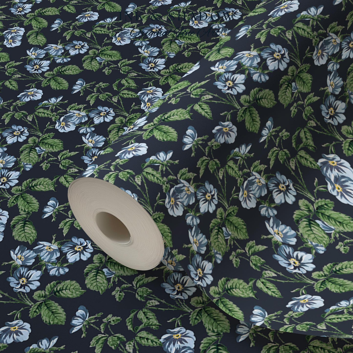 English Elegance Blue Floral Wallpaper | Vintage Inspired Small-Scale Flower Pattern Timeless Bedroom Accent Renter Friendly Design Classic