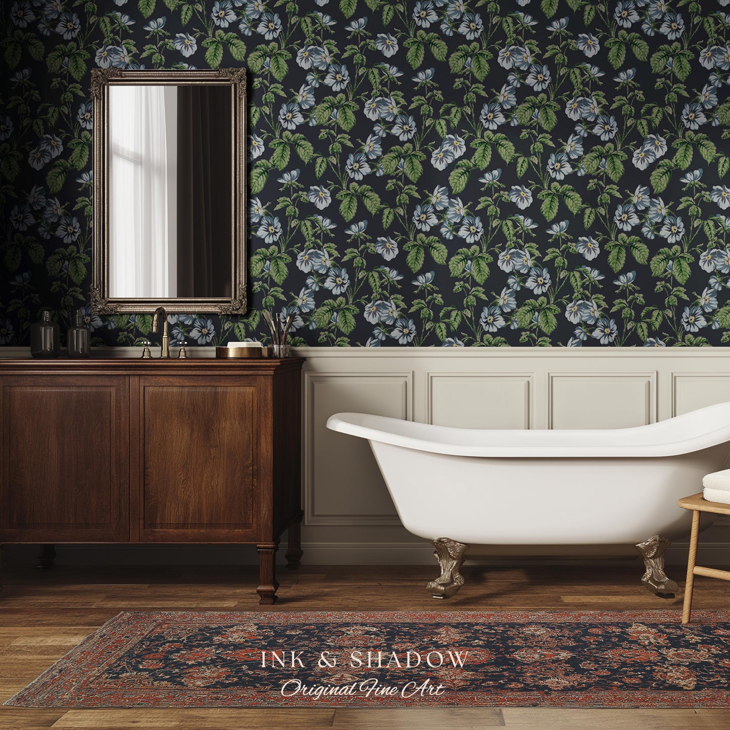 English Elegance Blue Floral Wallpaper | Vintage Inspired Small-Scale Flower Pattern Timeless Bedroom Accent Renter Friendly Design Classic