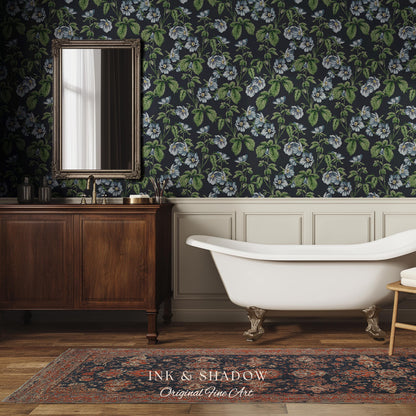 English Elegance Blue Floral Wallpaper | Vintage Inspired Small-Scale Flower Pattern Timeless Bedroom Accent Renter Friendly Design Classic