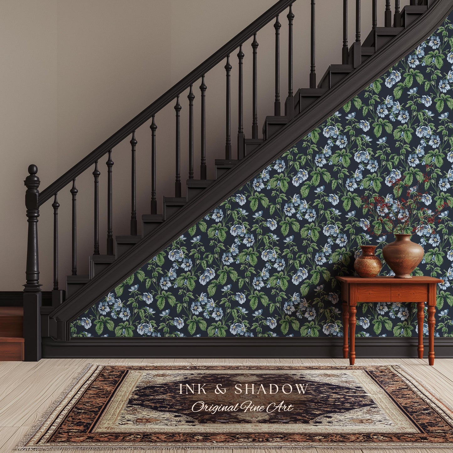 English Elegance Blue Floral Wallpaper | Vintage Inspired Small-Scale Flower Pattern Timeless Bedroom Accent Renter Friendly Design Classic
