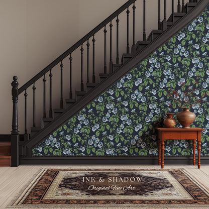 English Elegance Blue Floral Wallpaper | Vintage Inspired Small-Scale Flower Pattern Timeless Bedroom Accent Renter Friendly Design Classic