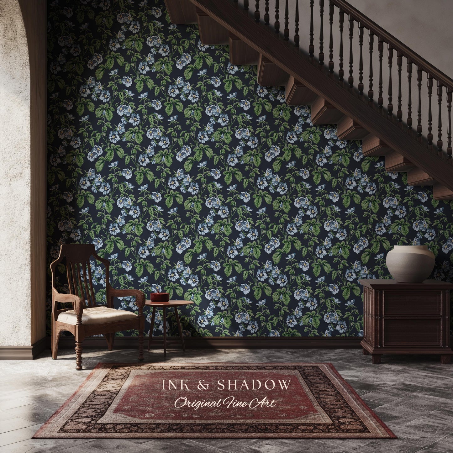 English Elegance Blue Floral Wallpaper | Vintage Inspired Small-Scale Flower Pattern Timeless Bedroom Accent Renter Friendly Design Classic