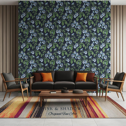 English Elegance Blue Floral Wallpaper | Vintage Inspired Small-Scale Flower Pattern Timeless Bedroom Accent Renter Friendly Design Classic