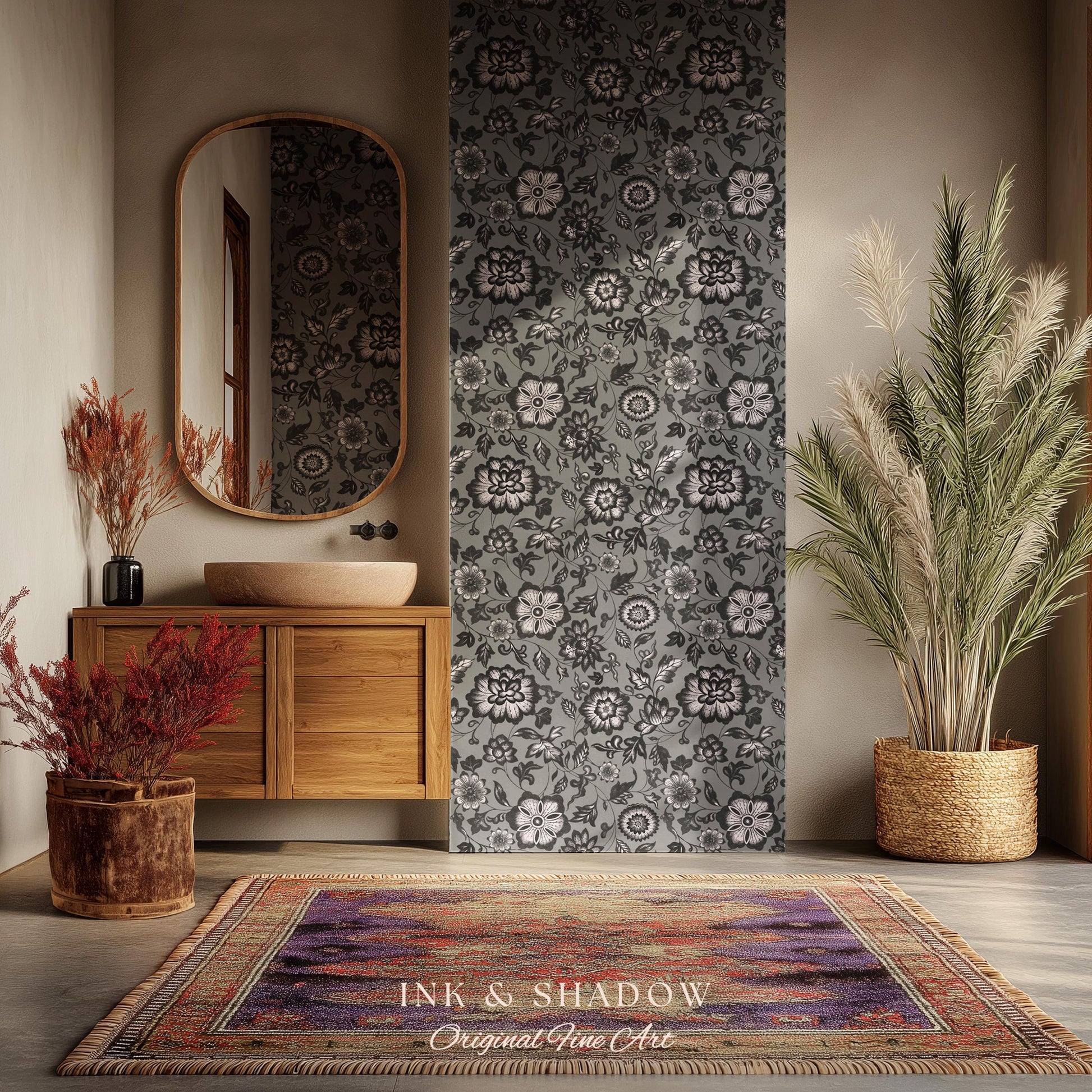 Dark Victorian Grayscale Wallpaper | Moody Home Accent Wall Renter Friendly Peel and Stick Dark Academia Floral Classic Pattern Neutral
