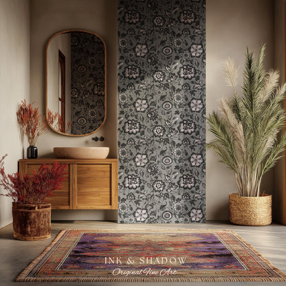 Dark Victorian Grayscale Wallpaper | Moody Home Accent Wall Renter Friendly Peel and Stick Dark Academia Floral Classic Pattern Neutral