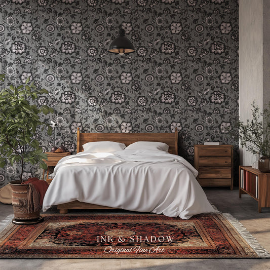 Dark Victorian Grayscale Wallpaper | Moody Home Accent Wall Renter Friendly Peel and Stick Dark Academia Floral Classic Pattern Neutral