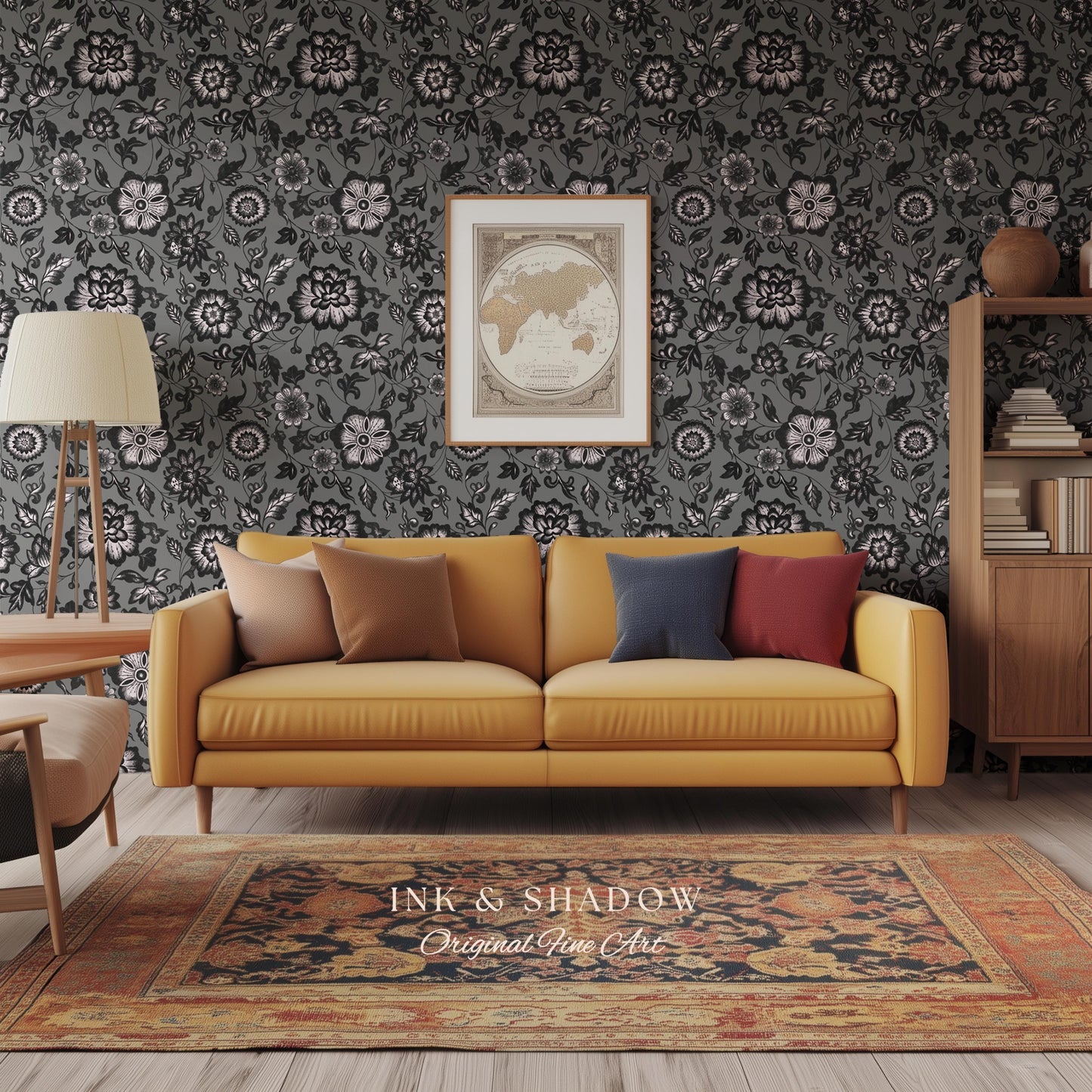Dark Victorian Grayscale Wallpaper | Moody Home Accent Wall Renter Friendly Peel and Stick Dark Academia Floral Classic Pattern Neutral