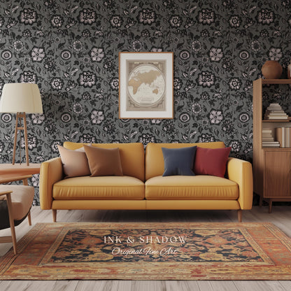 Dark Victorian Grayscale Wallpaper | Moody Home Accent Wall Renter Friendly Peel and Stick Dark Academia Floral Classic Pattern Neutral