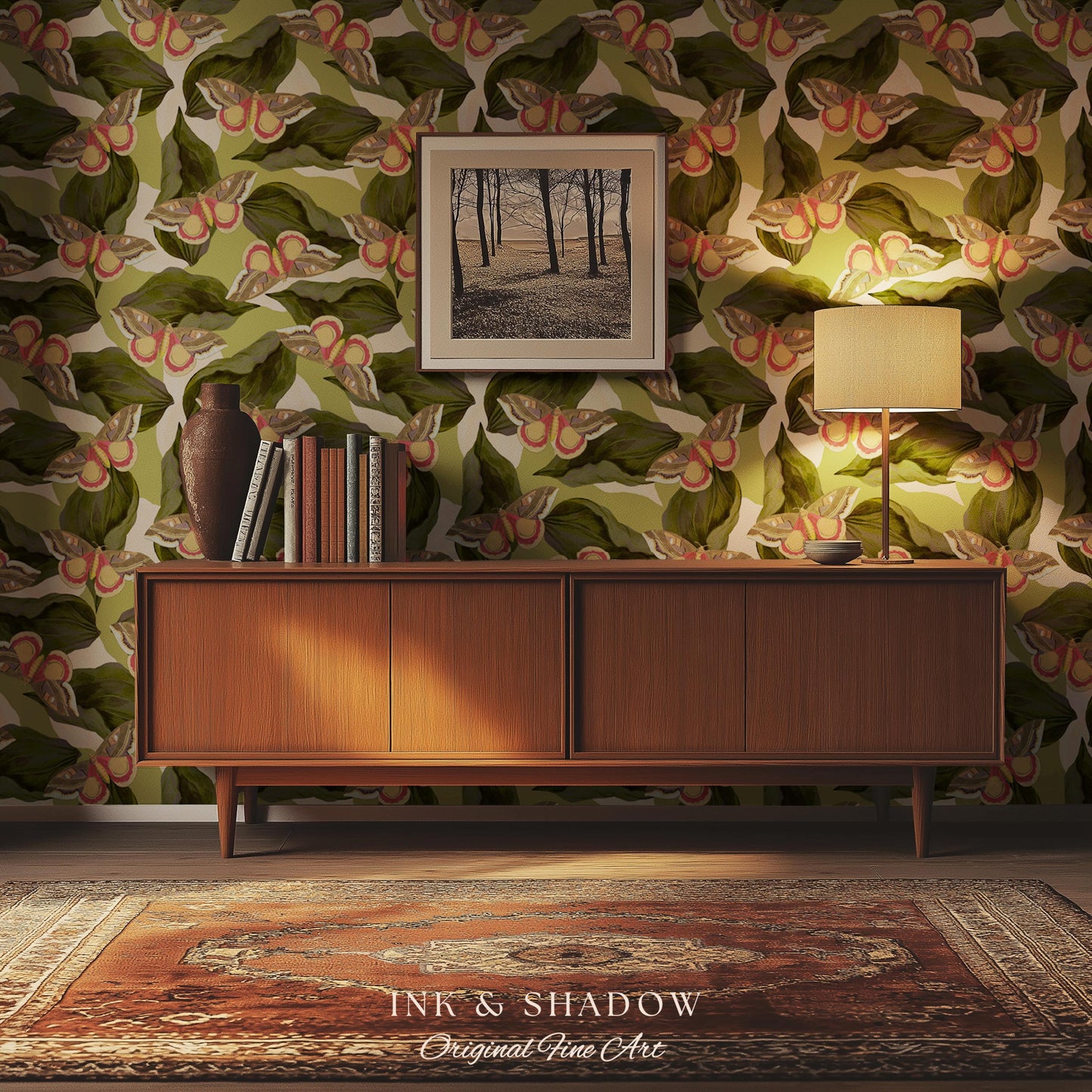 Retro Moth Wallpaper Green | Renter Friendly Peel & Stick Wall Decor Eclectic Whimsy Maximalist Home George Shaw's Butterfly Collage