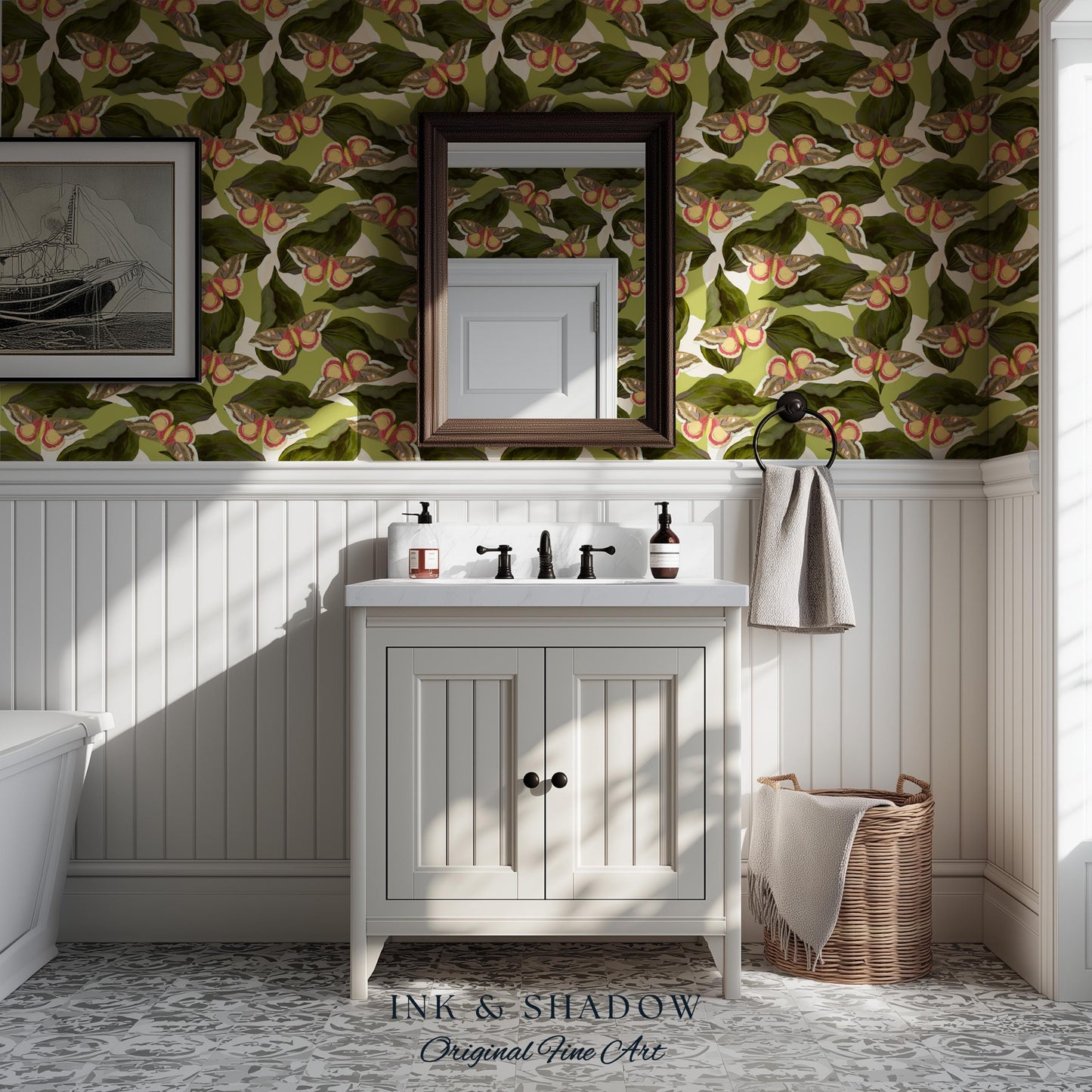 Retro Moth Wallpaper Green | Renter Friendly Peel & Stick Wall Decor Eclectic Whimsy Maximalist Home George Shaw's Butterfly Collage