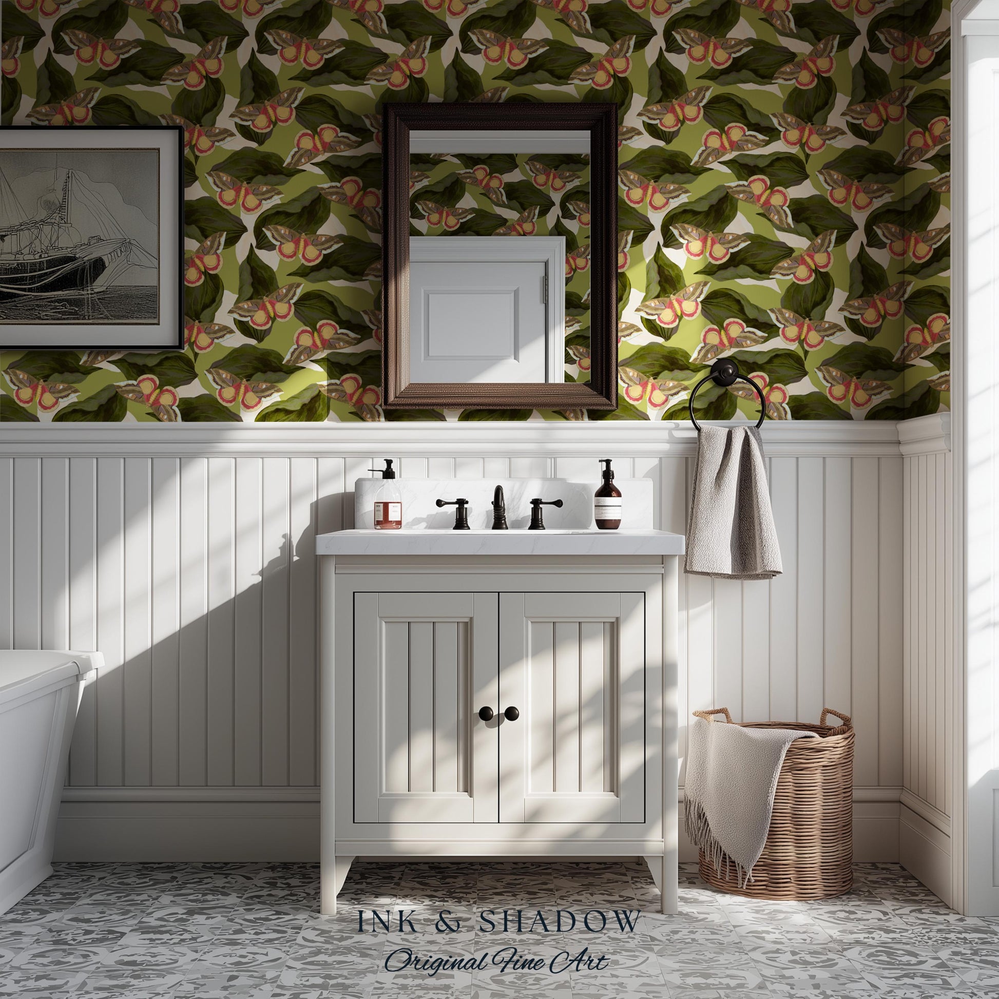 Retro Moth Wallpaper Green | Renter Friendly Peel & Stick Wall Decor Eclectic Whimsy Maximalist Home George Shaw's Butterfly Collage