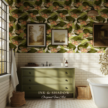 Retro Moth Wallpaper Green | Renter Friendly Peel & Stick Wall Decor Eclectic Whimsy Maximalist Home George Shaw's Butterfly Collage