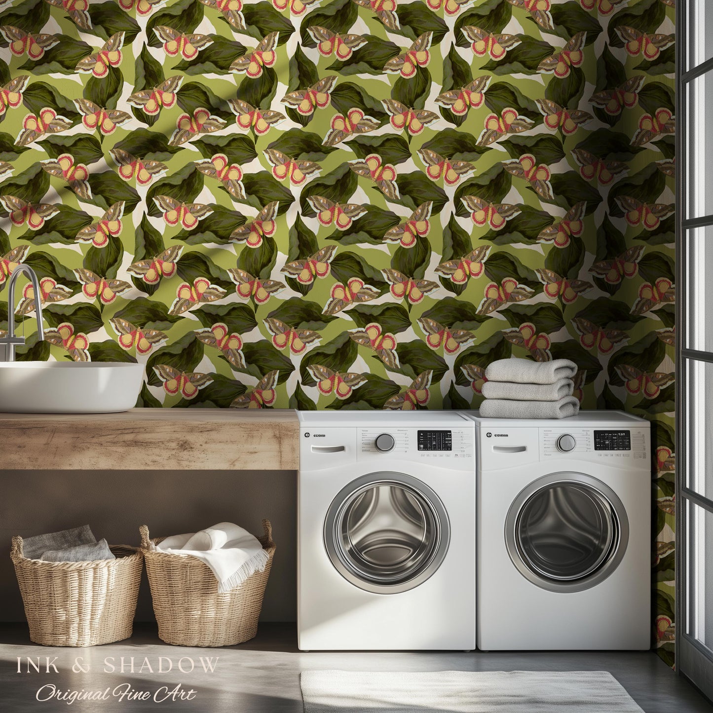 Retro Moth Wallpaper Green | Renter Friendly Peel & Stick Wall Decor Eclectic Whimsy Maximalist Home George Shaw's Butterfly Collage