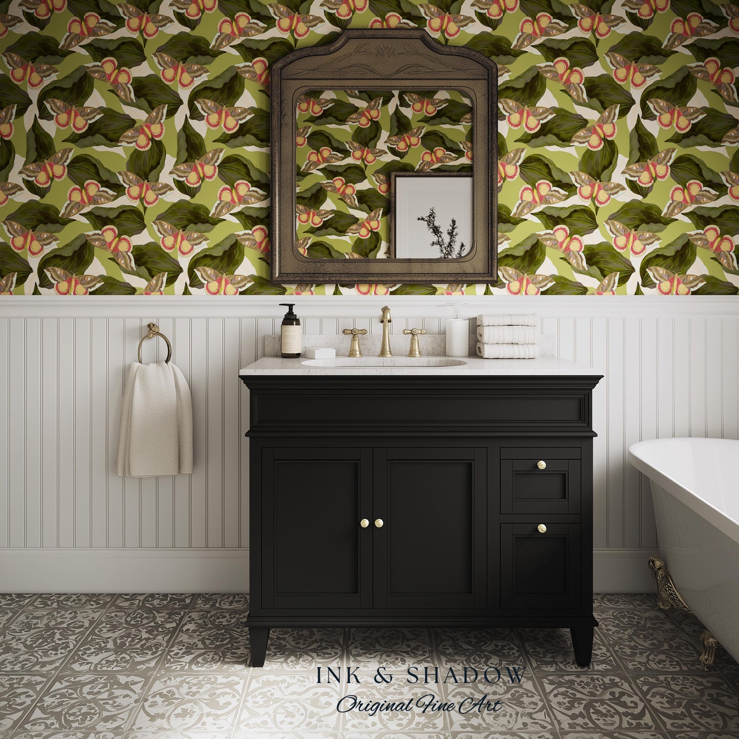 Retro Moth Wallpaper Green | Renter Friendly Peel & Stick Wall Decor Eclectic Whimsy Maximalist Home George Shaw's Butterfly Collage