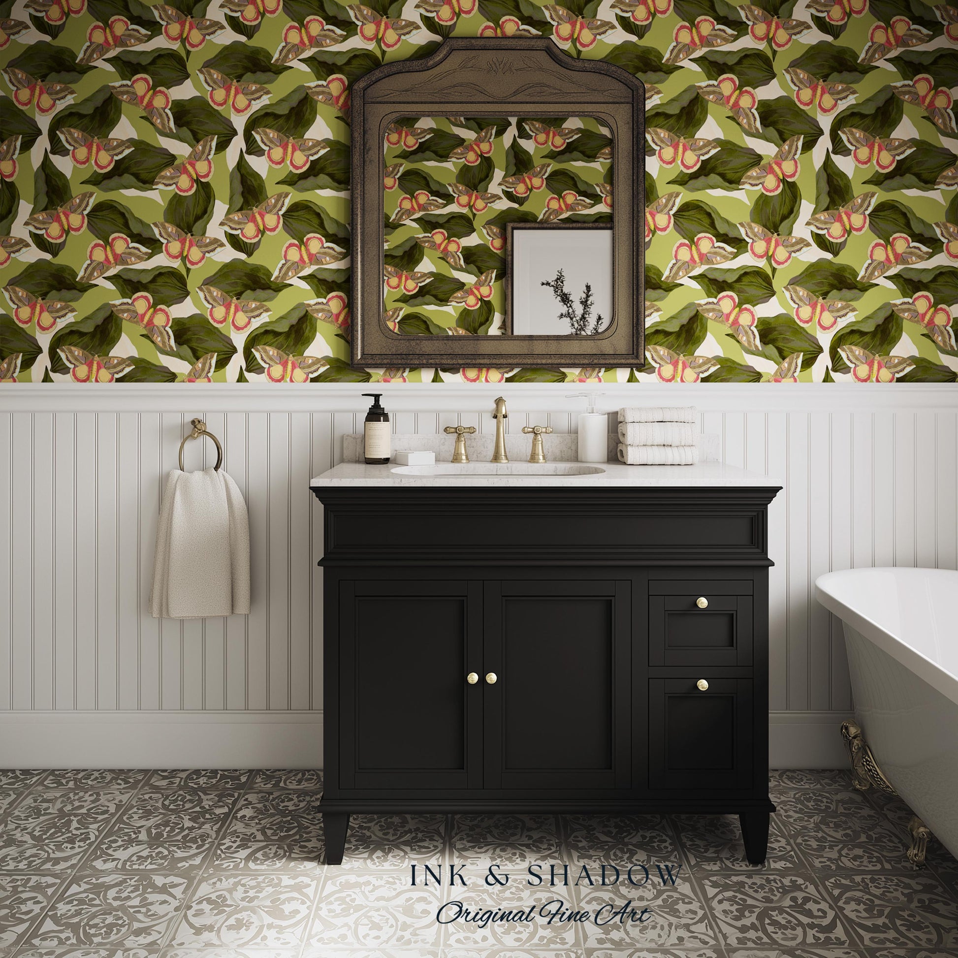 Retro Moth Wallpaper Green | Renter Friendly Peel & Stick Wall Decor Eclectic Whimsy Maximalist Home George Shaw's Butterfly Collage