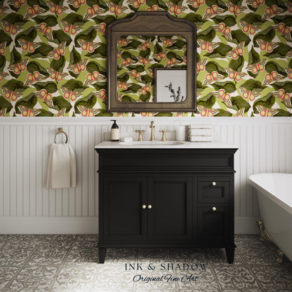 Retro Moth Wallpaper Green | Renter Friendly Peel & Stick Wall Decor Eclectic Whimsy Maximalist Home George Shaw's Butterfly Collage