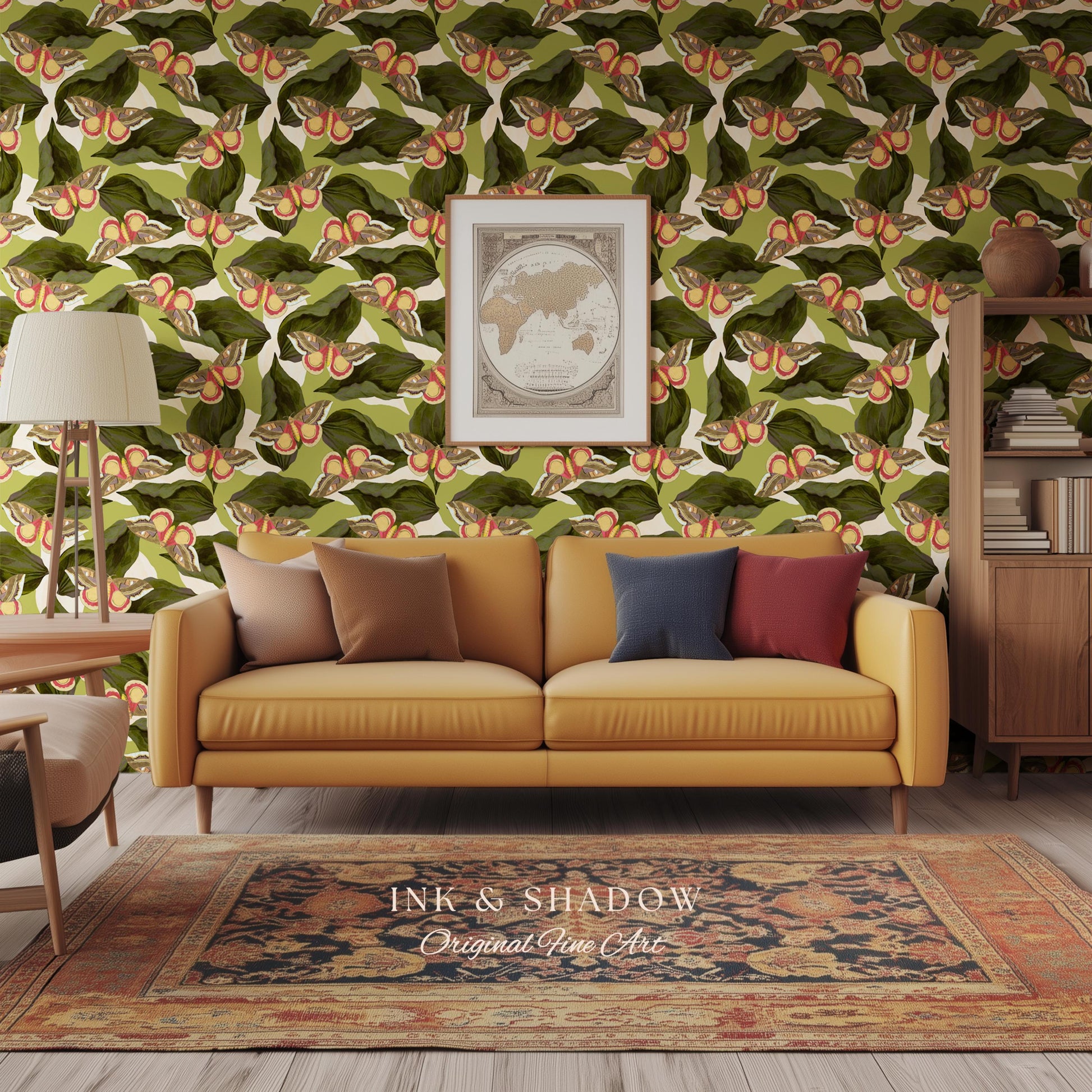 Retro Moth Wallpaper Green | Renter Friendly Peel & Stick Wall Decor Eclectic Whimsy Maximalist Home George Shaw's Butterfly Collage