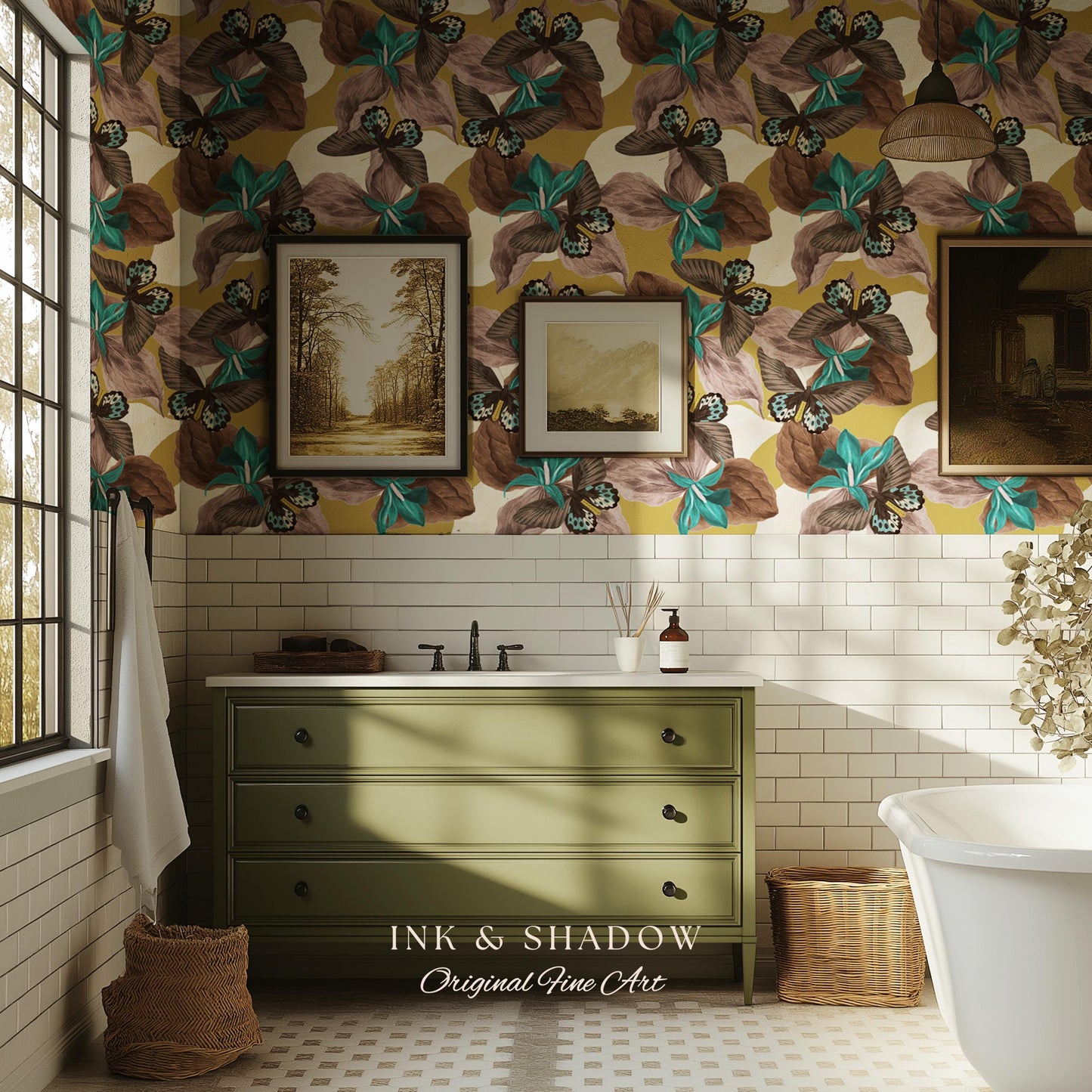 Orchid Butterfly Accent Wallpaper | Gold Vintage Inspired Peel & Stick Renter Friendly Wall Decor Botanical Maximalist Floral Eclectic Home