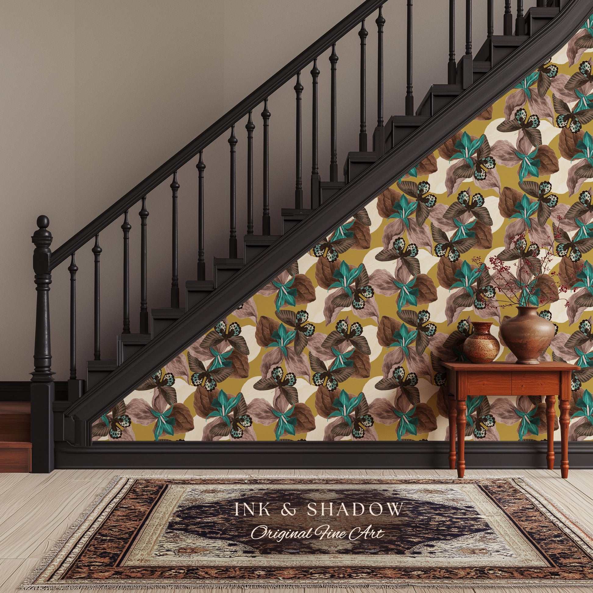 Orchid Butterfly Accent Wallpaper | Gold Vintage Inspired Peel & Stick Renter Friendly Wall Decor Botanical Maximalist Floral Eclectic Home