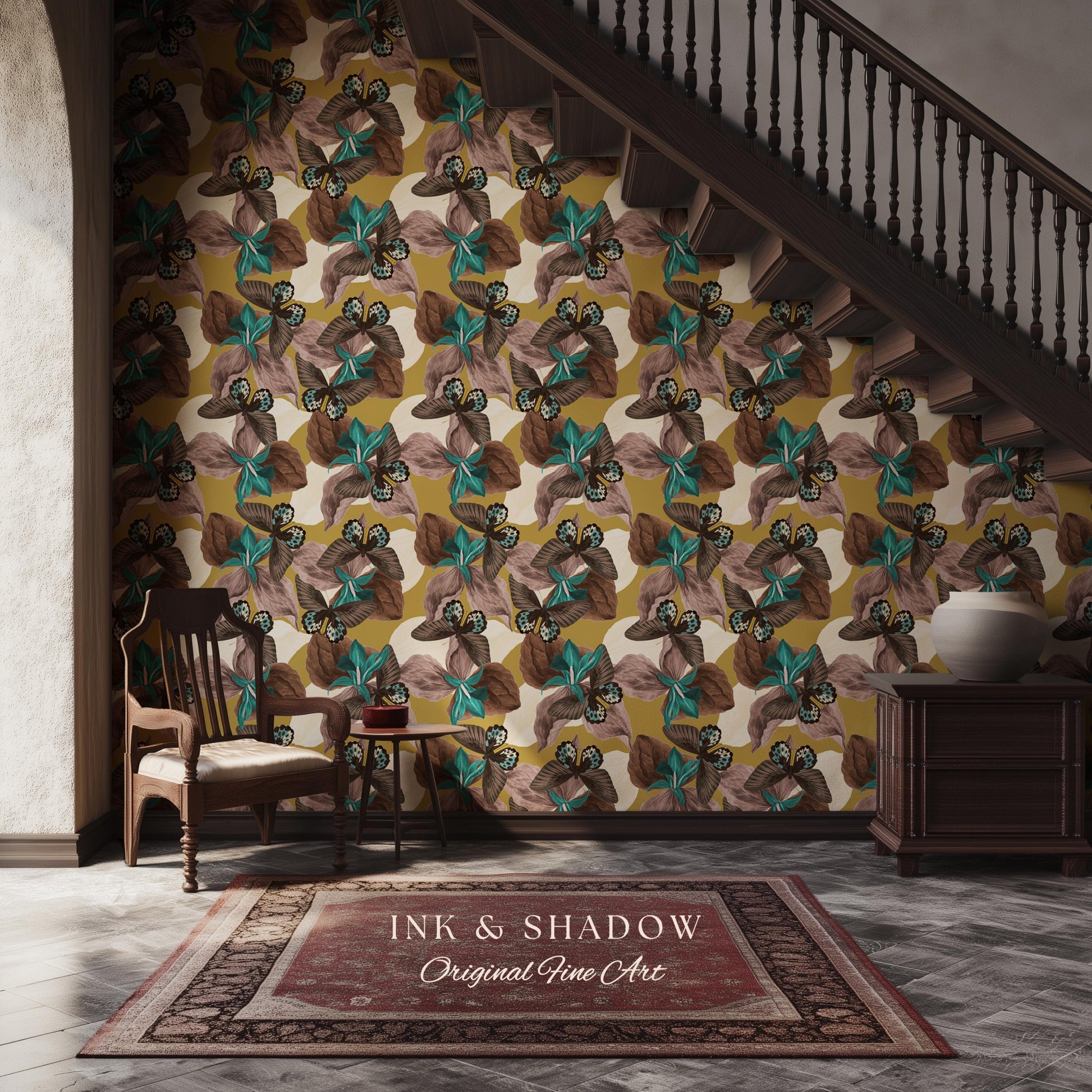 Orchid Butterfly Accent Wallpaper | Gold Vintage Inspired Peel & Stick Renter Friendly Wall Decor Botanical Maximalist Floral Eclectic Home