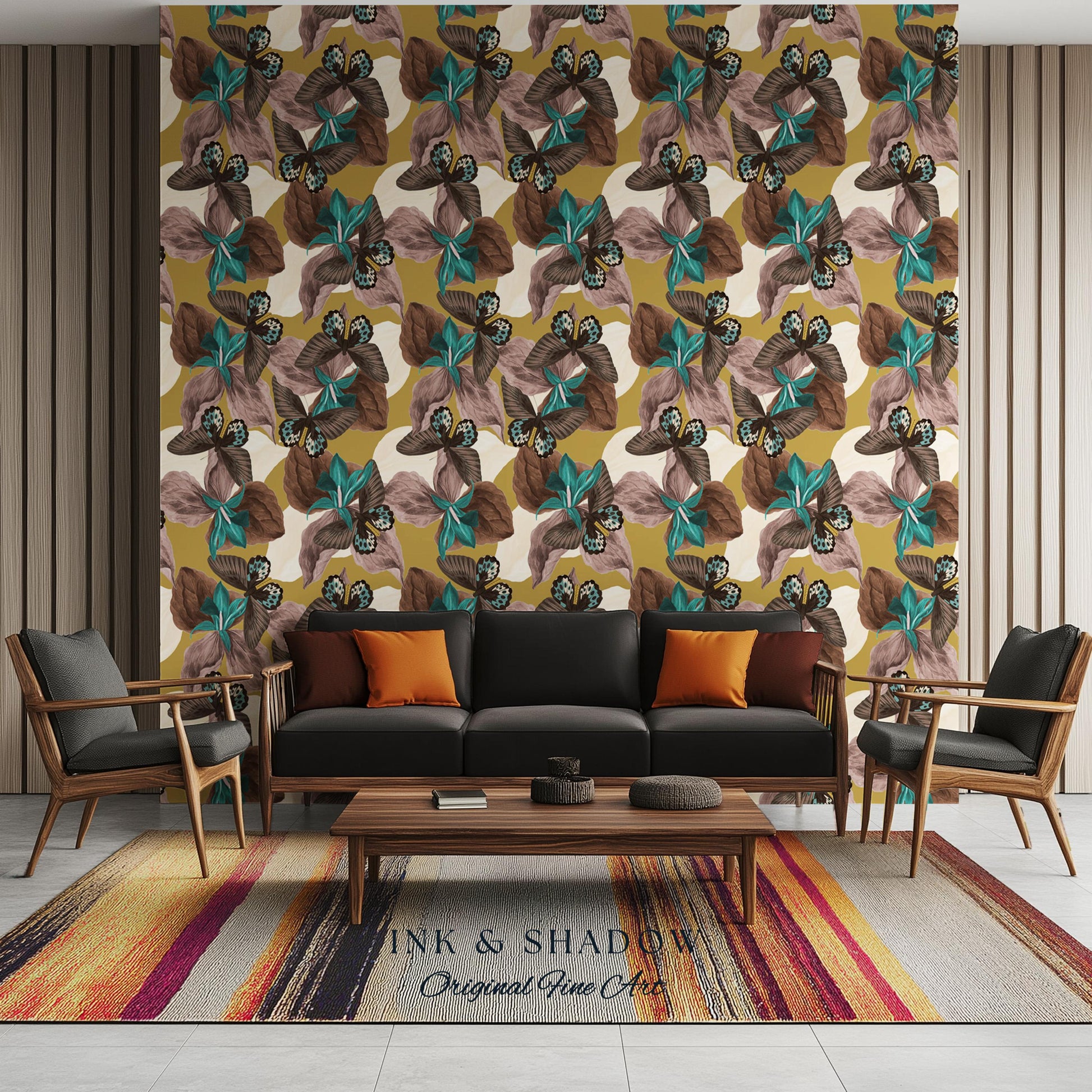Orchid Butterfly Accent Wallpaper | Gold Vintage Inspired Peel & Stick Renter Friendly Wall Decor Botanical Maximalist Floral Eclectic Home