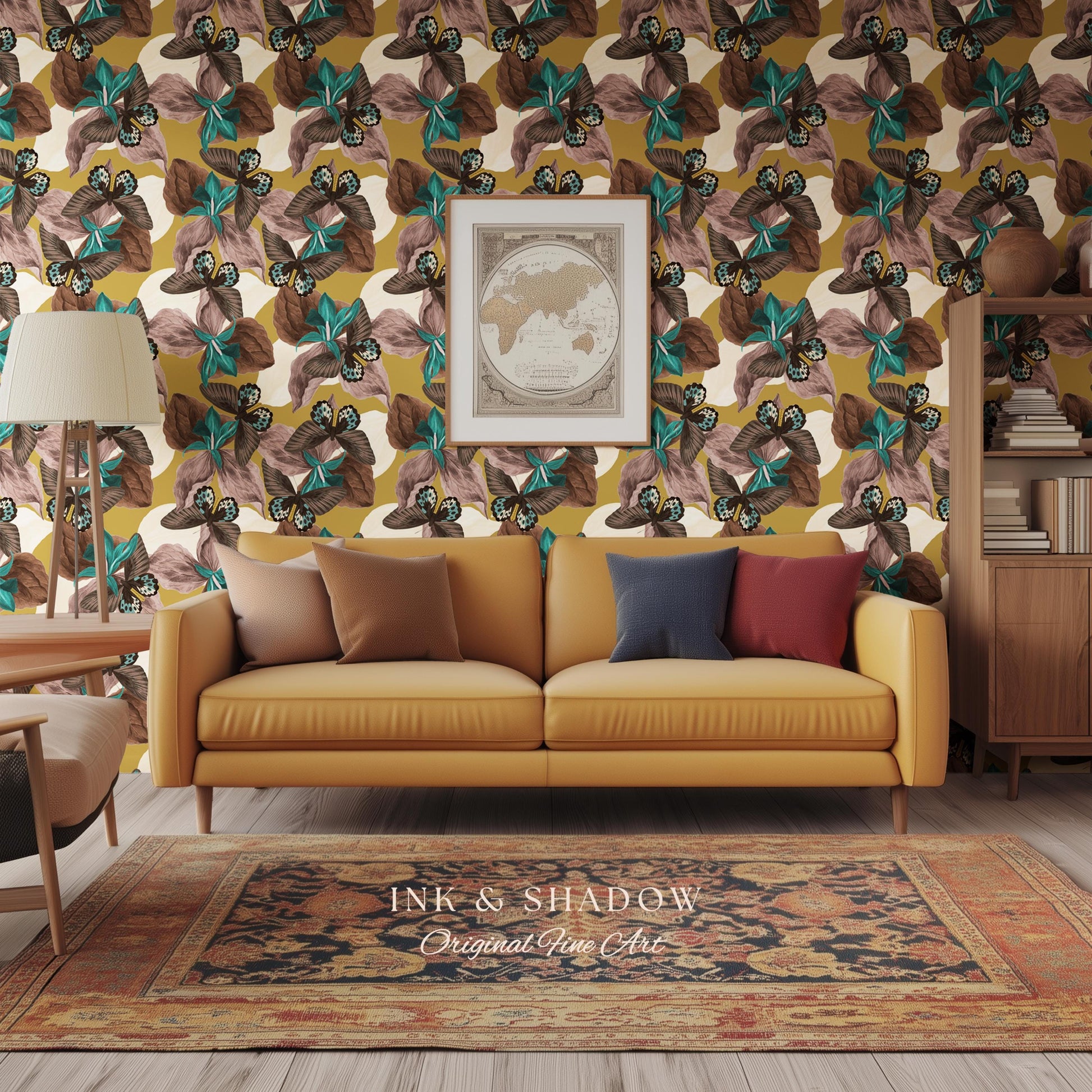 Orchid Butterfly Accent Wallpaper | Gold Vintage Inspired Peel & Stick Renter Friendly Wall Decor Botanical Maximalist Floral Eclectic Home