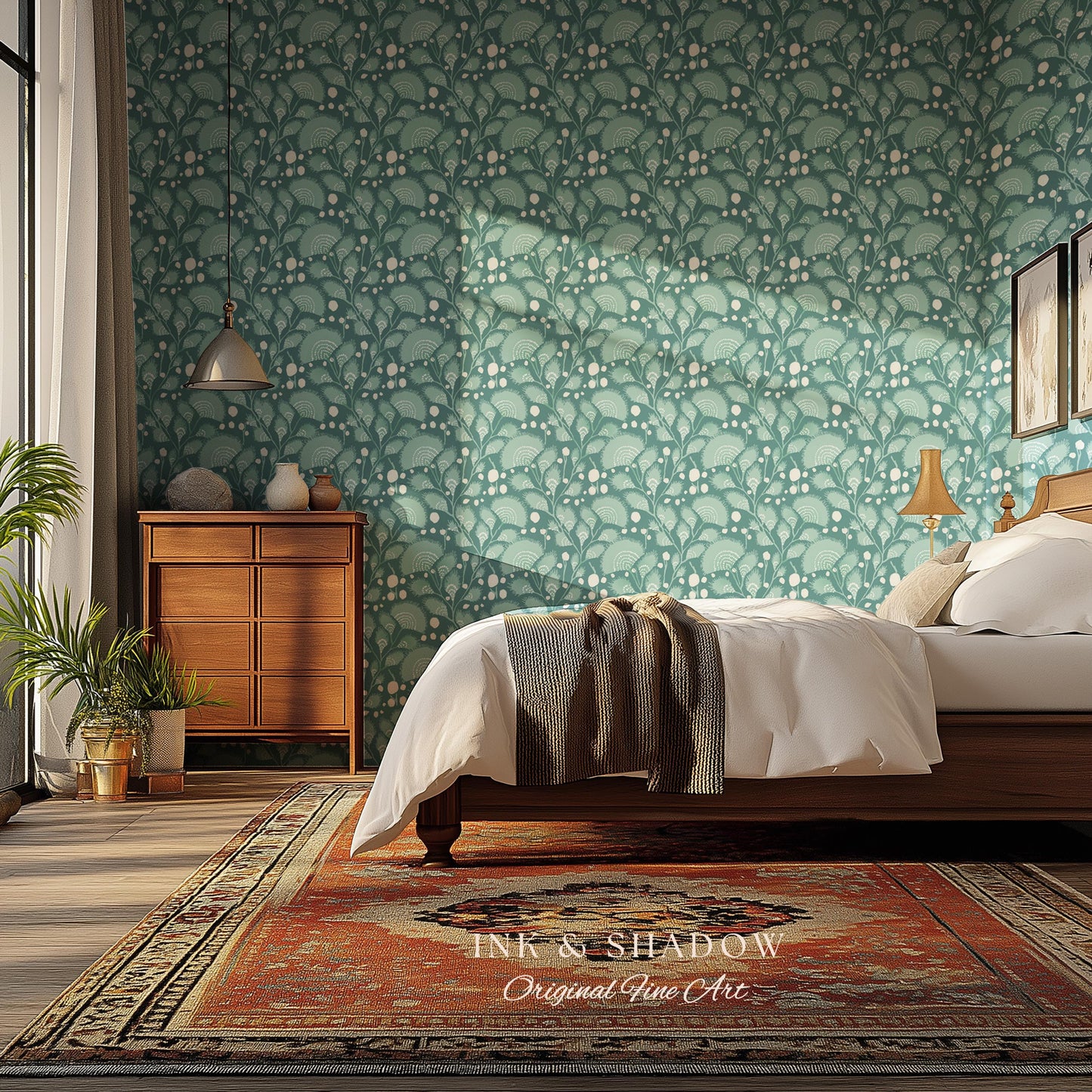 Teal Blue Accent Wallpaper | Stylish Home Decor Whimsical Peel & Stick Wall Art Maximalist Boho Cottage Style Bedroom Renter Friendly Art