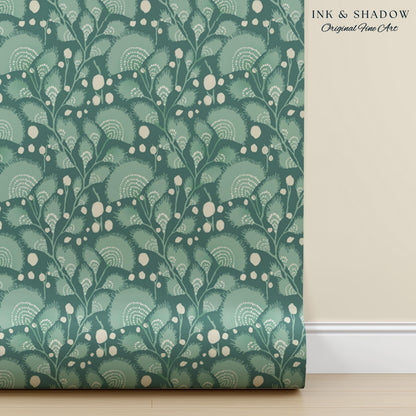 Teal Blue Accent Wallpaper | Stylish Home Decor Whimsical Peel & Stick Wall Art Maximalist Boho Cottage Style Bedroom Renter Friendly Art