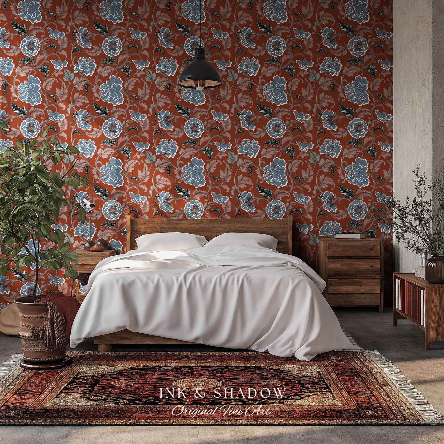 Intricate Florals Rustic Wallpaper | Peel & Stick Chinoiserie Wall Decor Renter Friendly Elegant Maximalist Chateau Rust Orange Blue Flowers