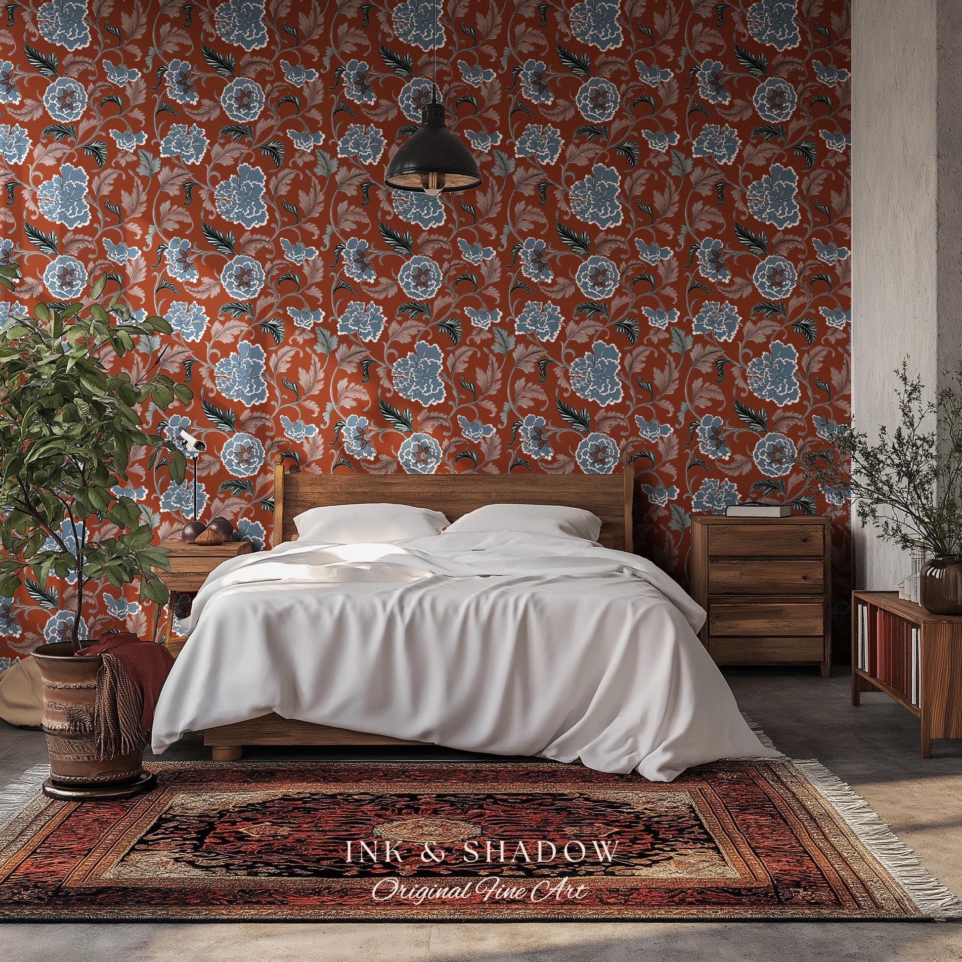 Intricate Florals Rustic Wallpaper | Peel & Stick Chinoiserie Wall Decor Renter Friendly Elegant Maximalist Chateau Rust Orange Blue Flowers