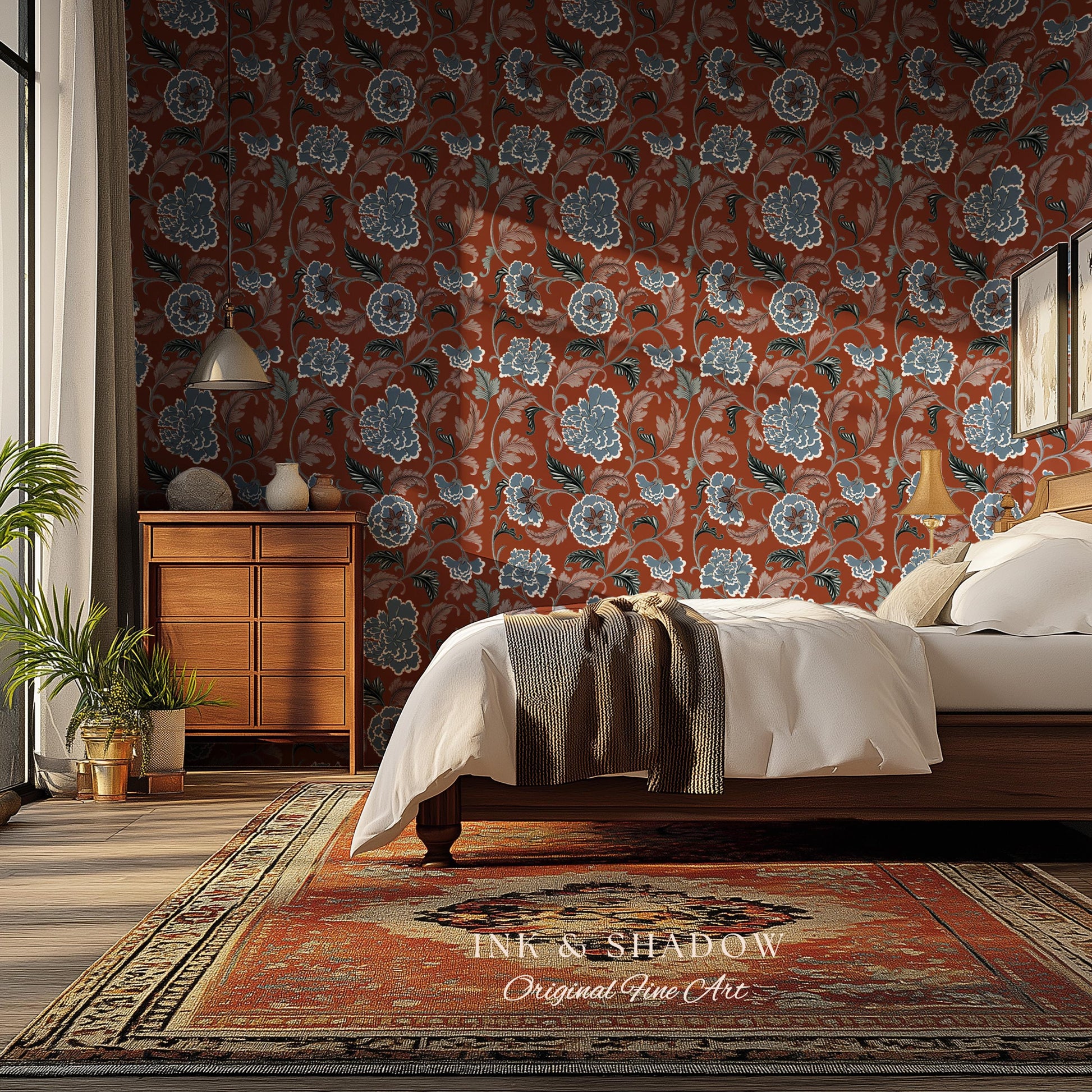 Intricate Florals Rustic Wallpaper | Peel & Stick Chinoiserie Wall Decor Renter Friendly Elegant Maximalist Chateau Rust Orange Blue Flowers