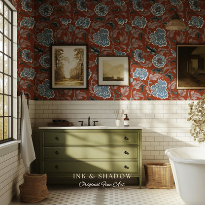 Intricate Florals Rustic Wallpaper | Peel & Stick Chinoiserie Wall Decor Renter Friendly Elegant Maximalist Chateau Rust Orange Blue Flowers