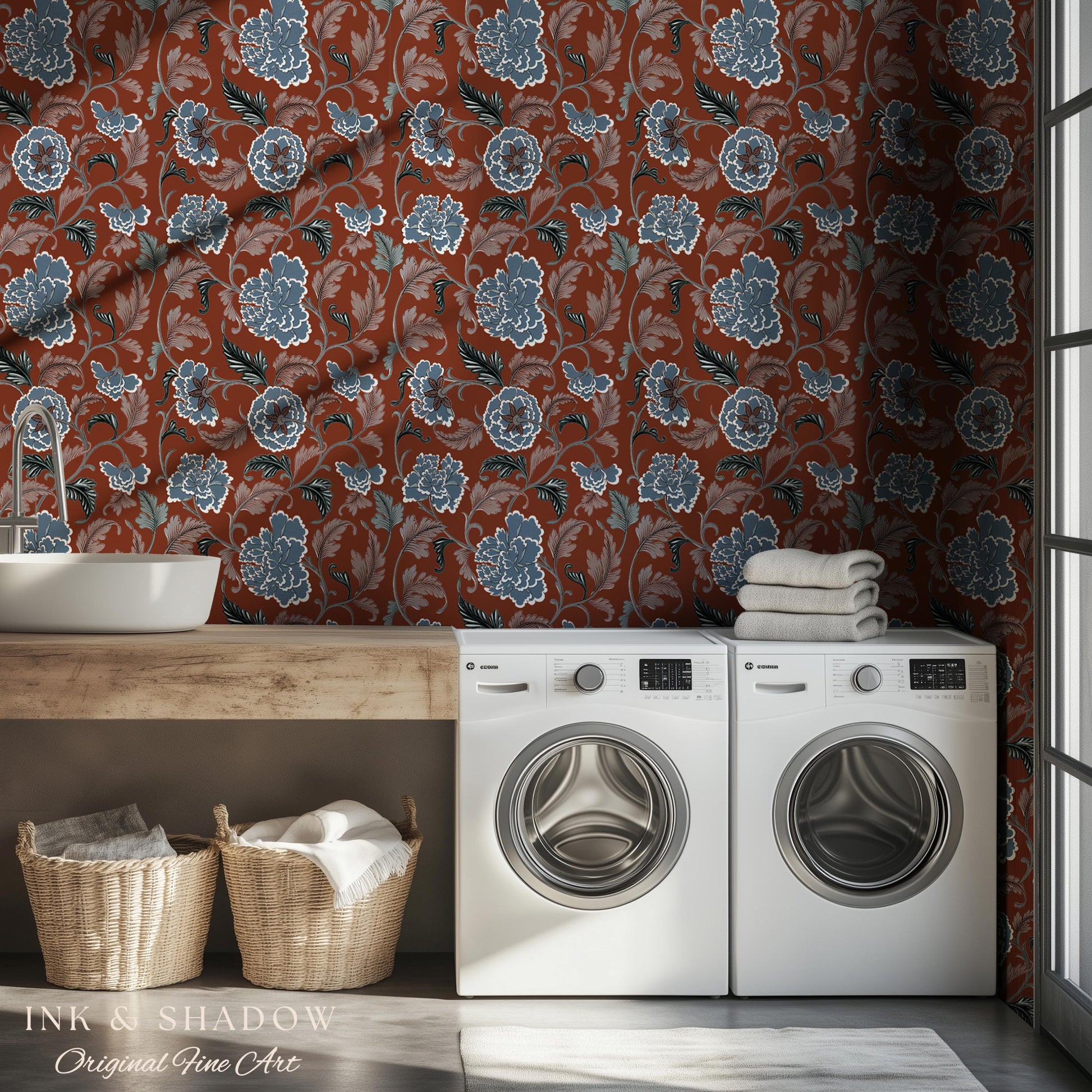 Intricate Florals Rustic Wallpaper | Peel & Stick Chinoiserie Wall Decor Renter Friendly Elegant Maximalist Chateau Rust Orange Blue Flowers