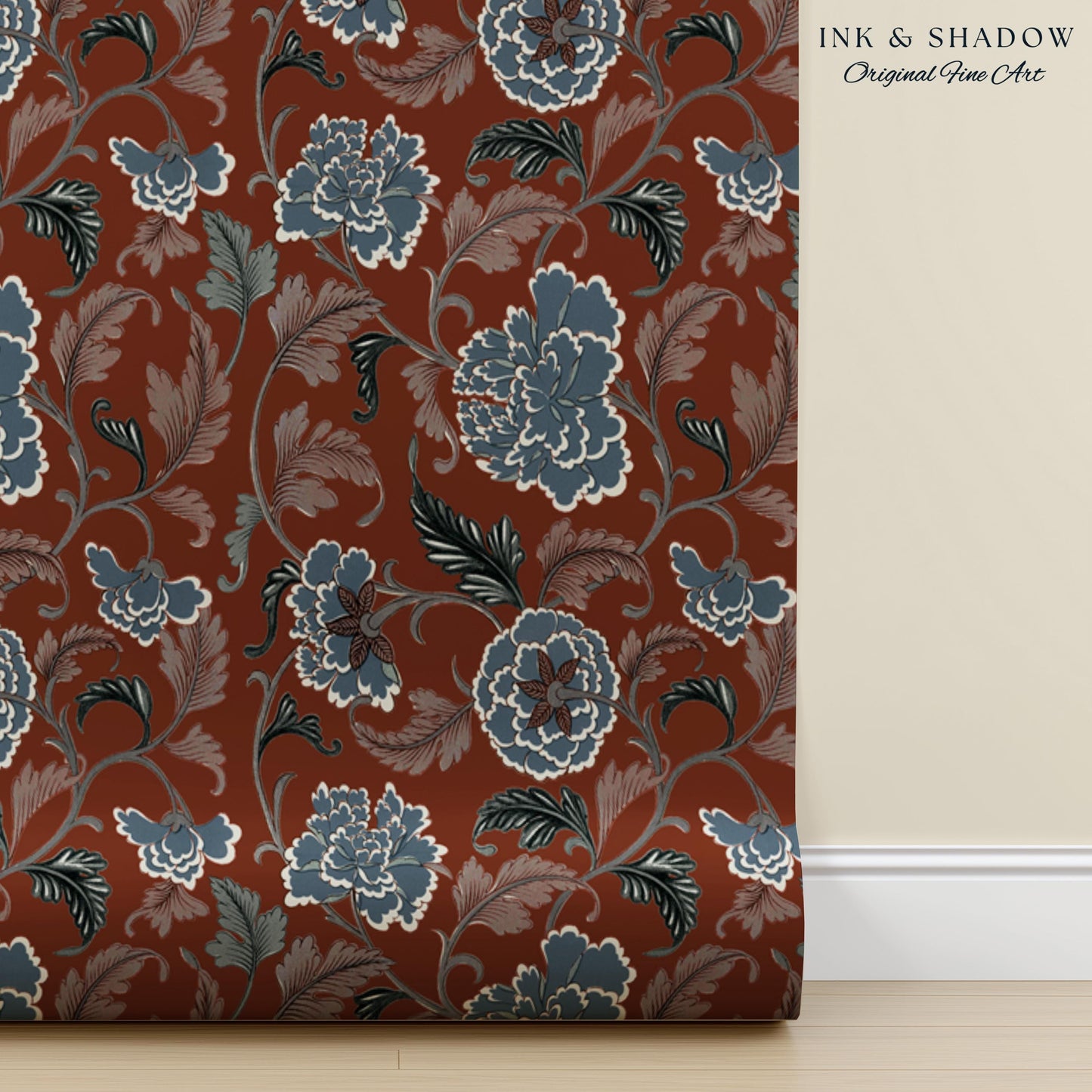 Intricate Florals Rustic Wallpaper | Peel & Stick Chinoiserie Wall Decor Renter Friendly Elegant Maximalist Chateau Rust Orange Blue Flowers