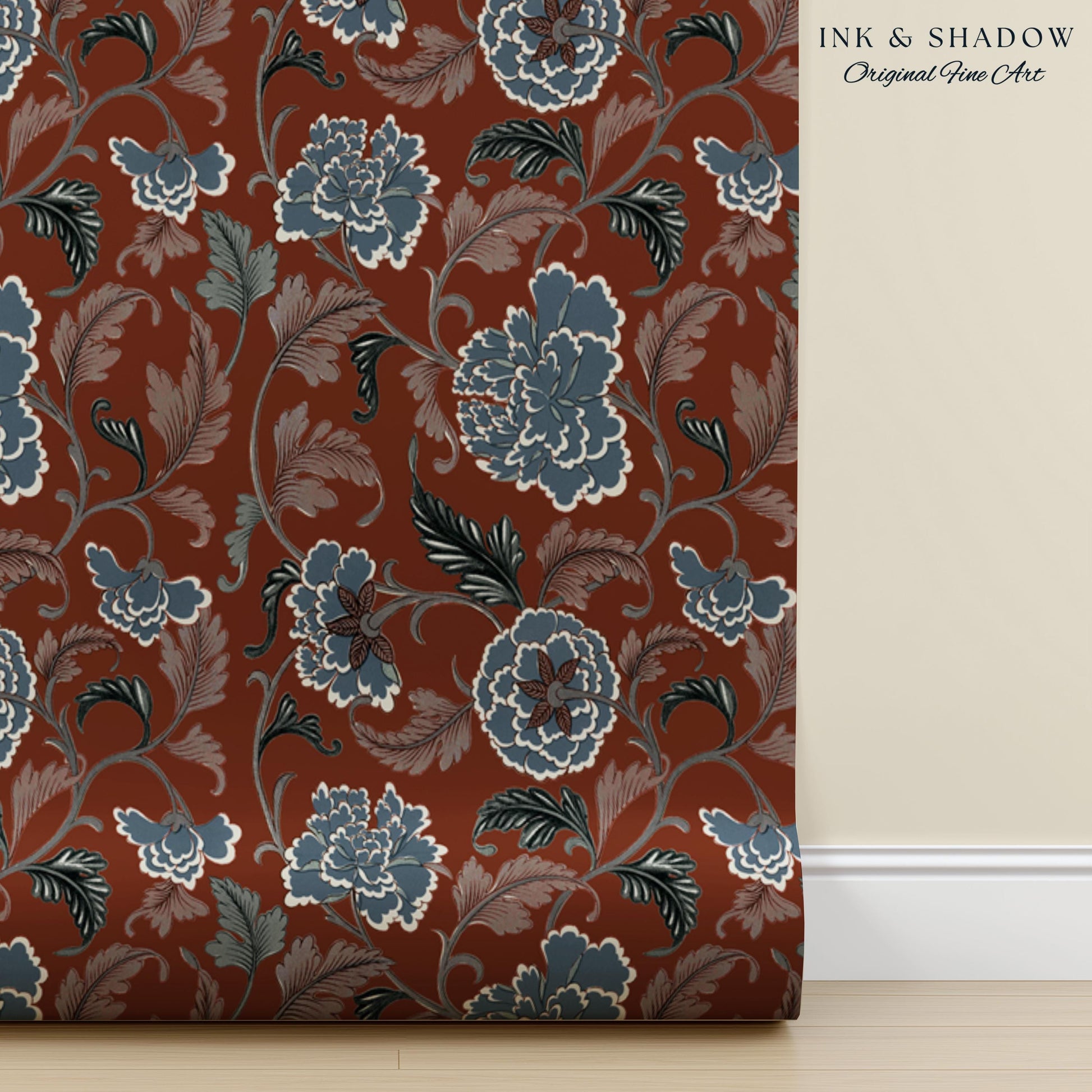Intricate Florals Rustic Wallpaper | Peel & Stick Chinoiserie Wall Decor Renter Friendly Elegant Maximalist Chateau Rust Orange Blue Flowers