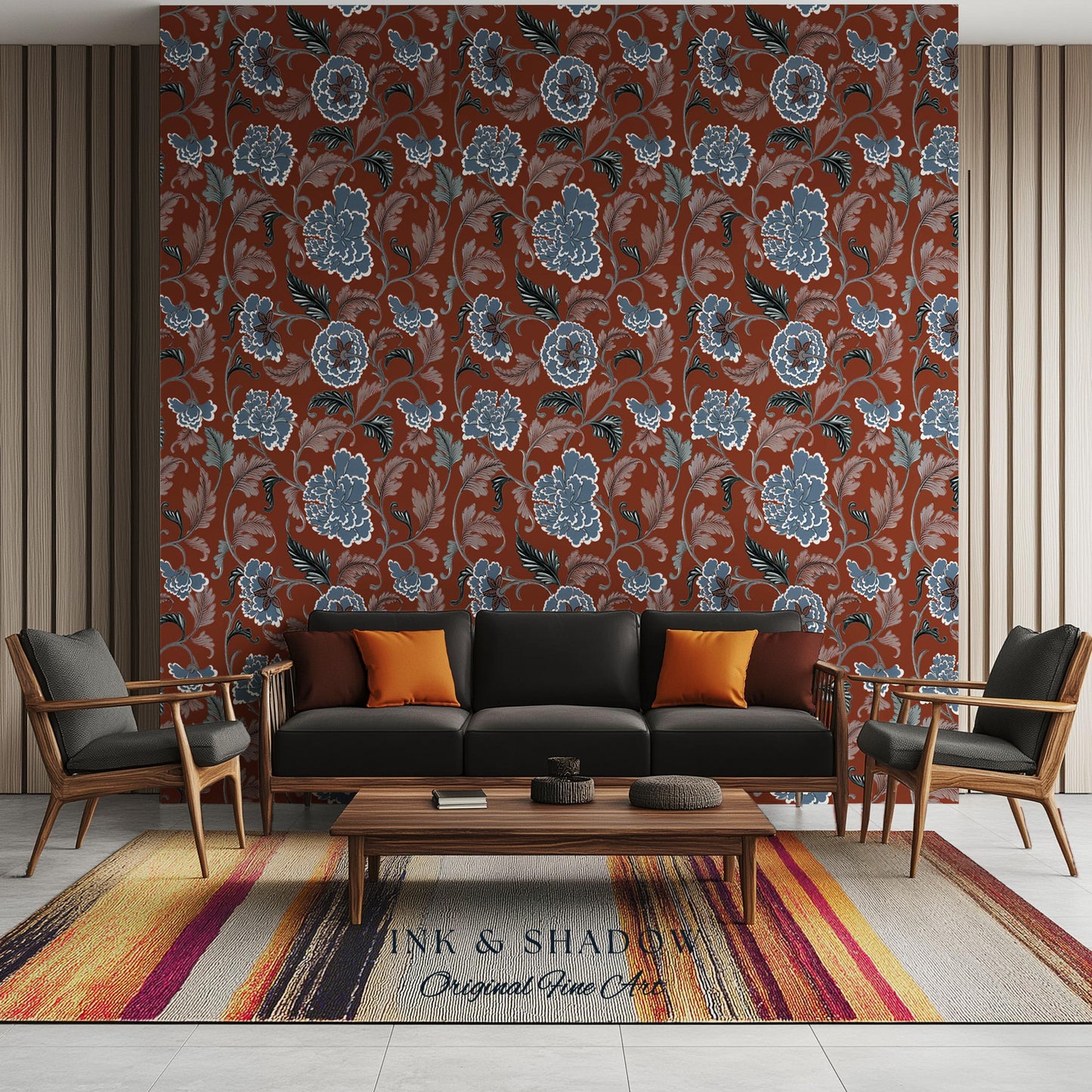 Intricate Florals Rustic Wallpaper | Peel & Stick Chinoiserie Wall Decor Renter Friendly Elegant Maximalist Chateau Rust Orange Blue Flowers