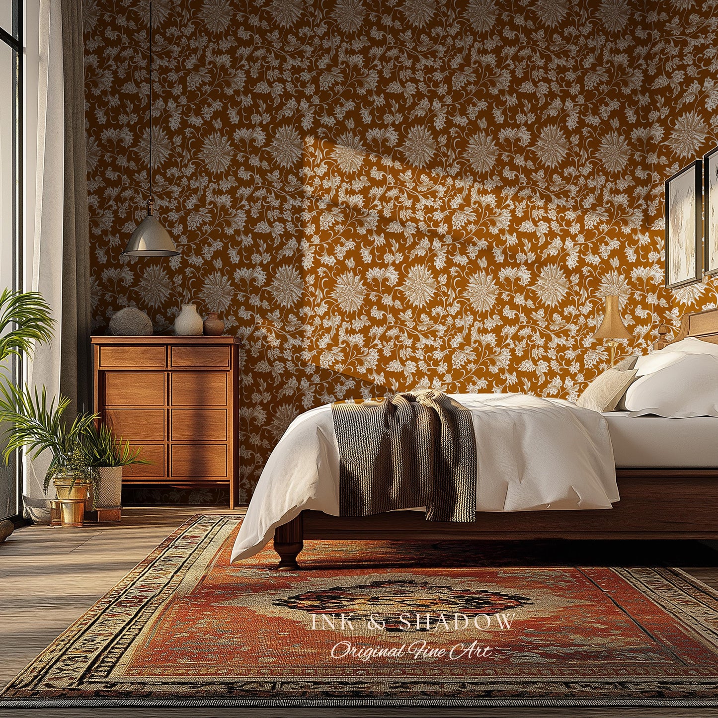 Floral Ochre European Inspired Wallpaper | Refined Old World Elegance Mustard Yellow Peel and Stick Home Decor French Chateau Aesthetic