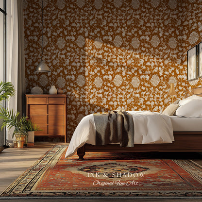 Floral Ochre European Inspired Wallpaper | Refined Old World Elegance Mustard Yellow Peel and Stick Home Decor French Chateau Aesthetic