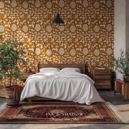 Floral Ochre European Inspired Wallpaper | Refined Old World Elegance Mustard Yellow Peel and Stick Home Decor French Chateau Aesthetic