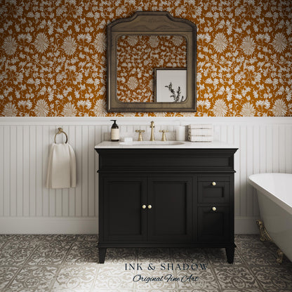 Floral Ochre European Inspired Wallpaper | Refined Old World Elegance Mustard Yellow Peel and Stick Home Decor French Chateau Aesthetic
