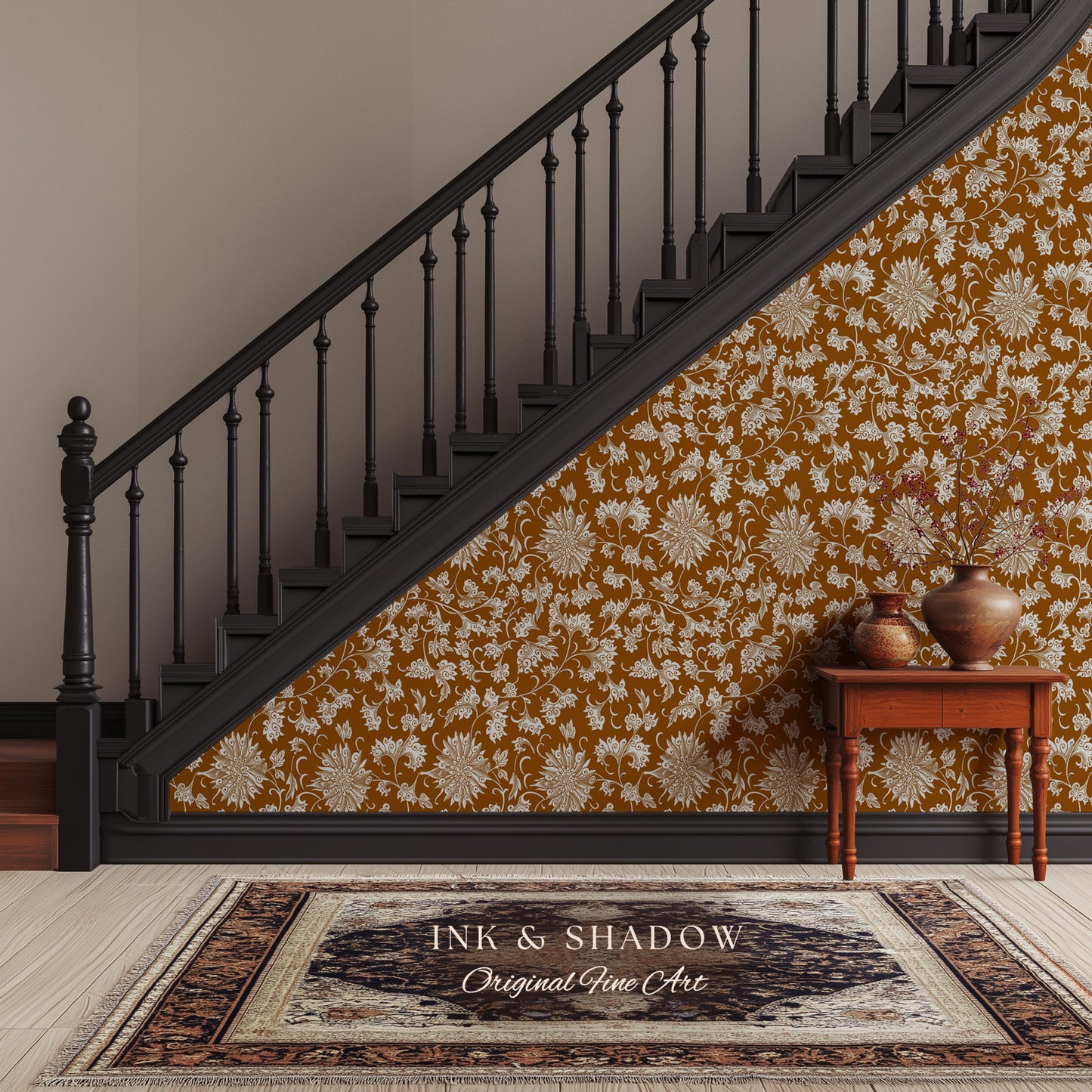 Floral Ochre European Inspired Wallpaper | Refined Old World Elegance Mustard Yellow Peel and Stick Home Decor French Chateau Aesthetic