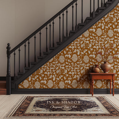 Floral Ochre European Inspired Wallpaper | Refined Old World Elegance Mustard Yellow Peel and Stick Home Decor French Chateau Aesthetic