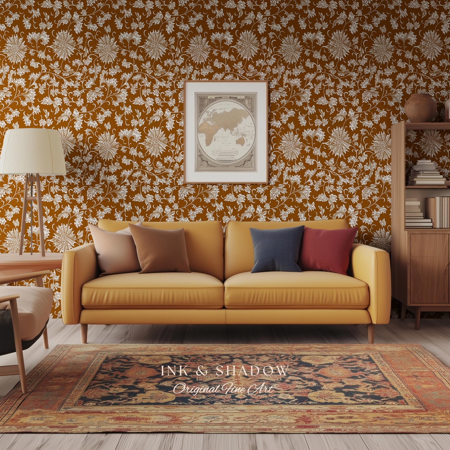 Floral Ochre European Inspired Wallpaper | Refined Old World Elegance Mustard Yellow Peel and Stick Home Decor French Chateau Aesthetic