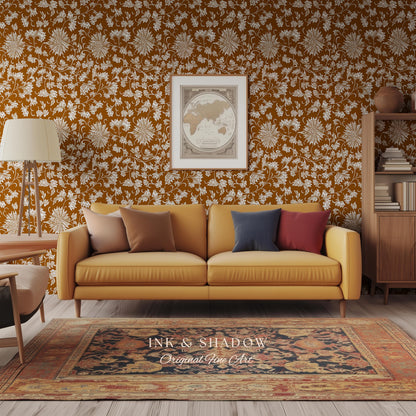 Floral Ochre European Inspired Wallpaper | Refined Old World Elegance Mustard Yellow Peel and Stick Home Decor French Chateau Aesthetic