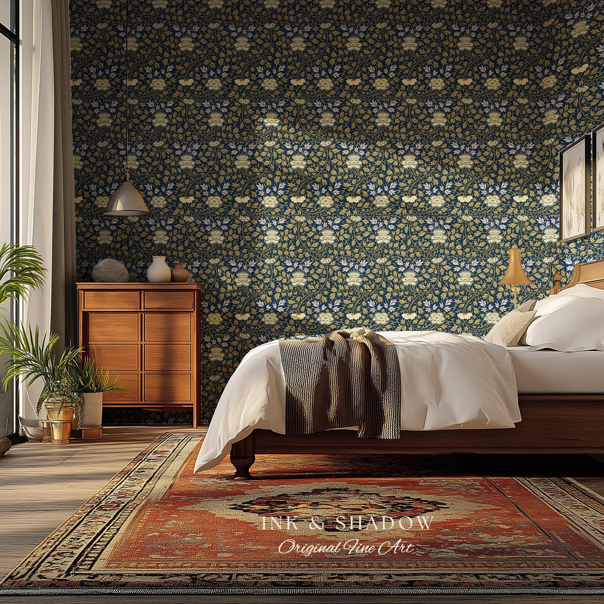 Old World Scrolling Vines Wallpaper | Historic Inspired European Wall Art Peel and Stick Victorian Aesthetic Maximalist Living Room