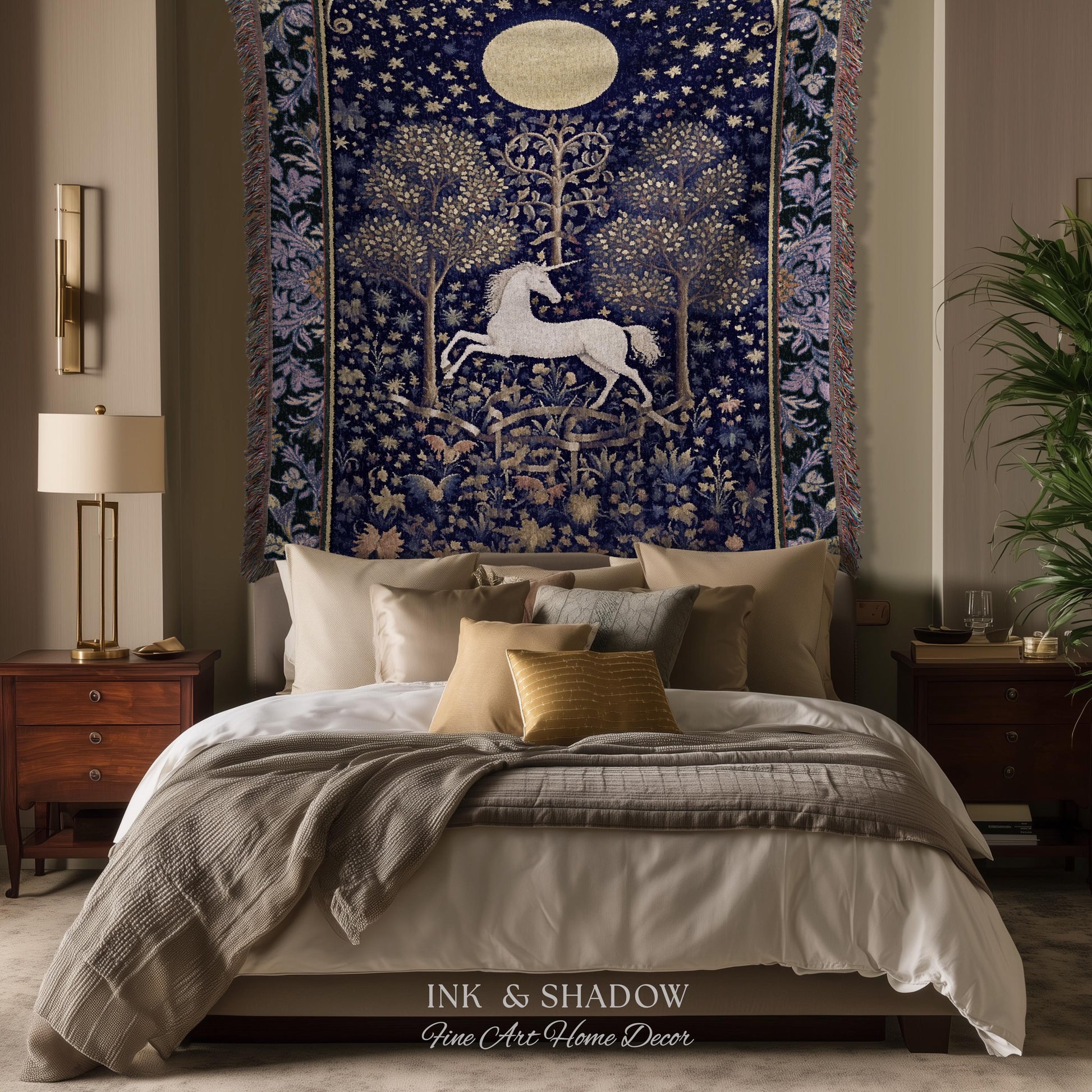 Medieval Fairytale Unicorn Tapestry | Gothic Whimsical Eclectic Fairycore Woven Blanket Victorian Gothic Dark Floral Decor French Baroque |