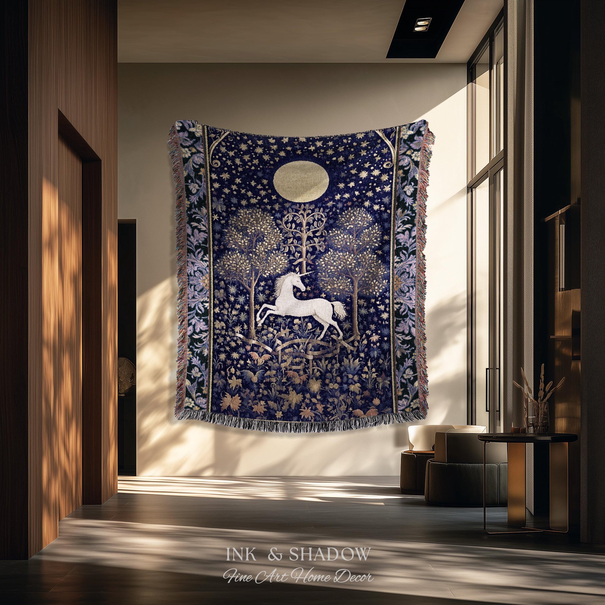 Medieval Fairytale Unicorn Tapestry | Gothic Whimsical Eclectic Fairycore Woven Blanket Victorian Gothic Dark Floral Decor French Baroque |