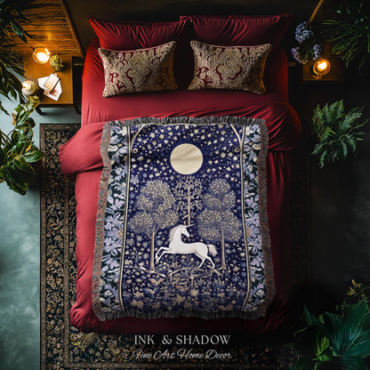 Medieval Fairytale Unicorn Tapestry | Gothic Whimsical Eclectic Fairycore Woven Blanket Victorian Gothic Dark Floral Decor French Baroque |